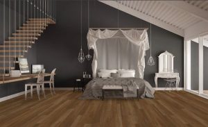 Modern bedroom design with hanging curtains
